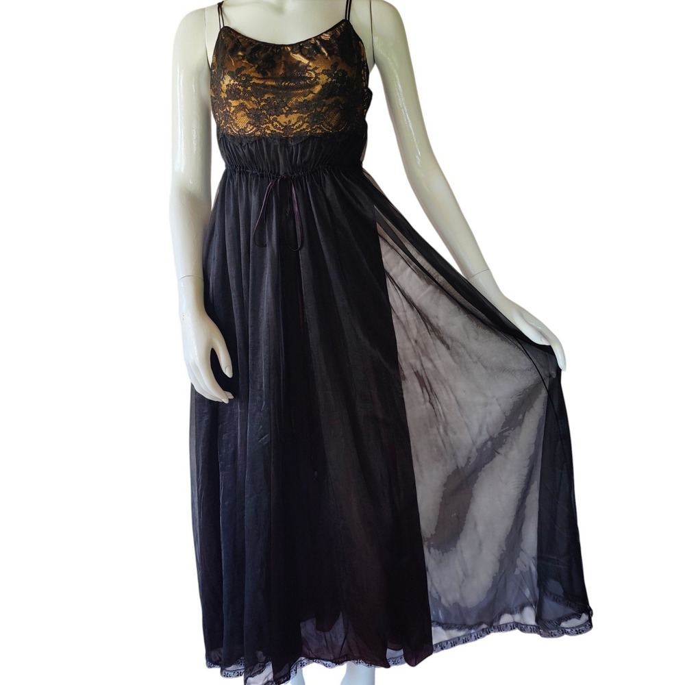 VTG 50s 60s Gotham Gold Stripe Black Nightgown Lace Gold Lame Grecian Boudoir S